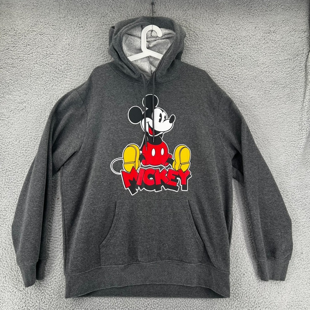 Disney Hoodie Men XL Extra Large Grey Mickey Mouse Fleece Lined Pullover Sweater